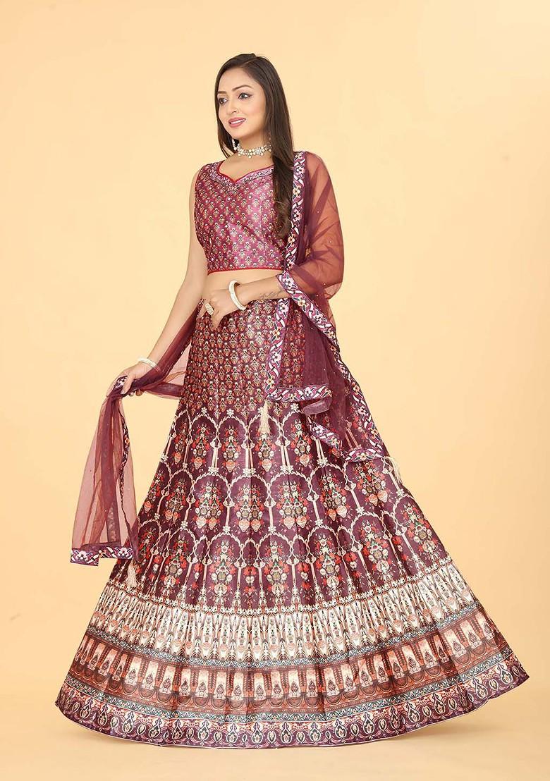 Maroon Printed Blended Lehenga Choli