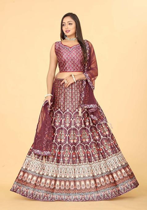 Maroon Printed Blended Lehenga Choli