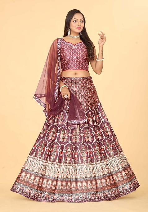 Maroon Printed Blended Lehenga Choli
