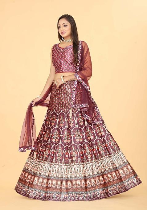 Maroon Printed Blended Lehenga Choli