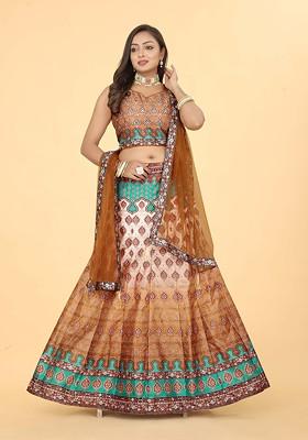 Brown Printed Blended Lehenga Choli