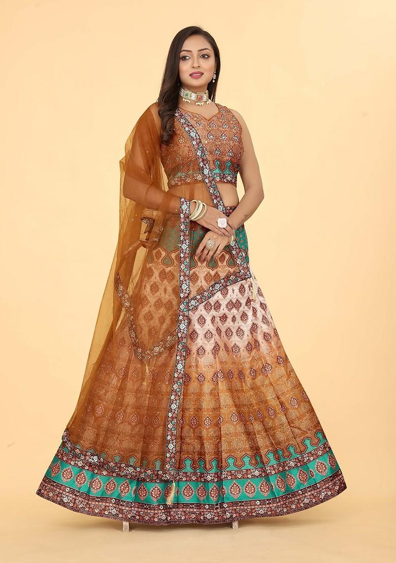Brown Printed Blended Lehenga Choli - Indya