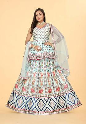 Blue Printed Blended Lehenga Choli
