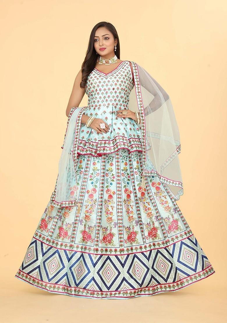 Blue Printed Blended Lehenga Choli - Indya