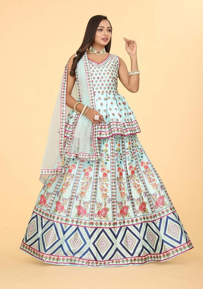 Blue Printed Blended Lehenga Choli - Indya