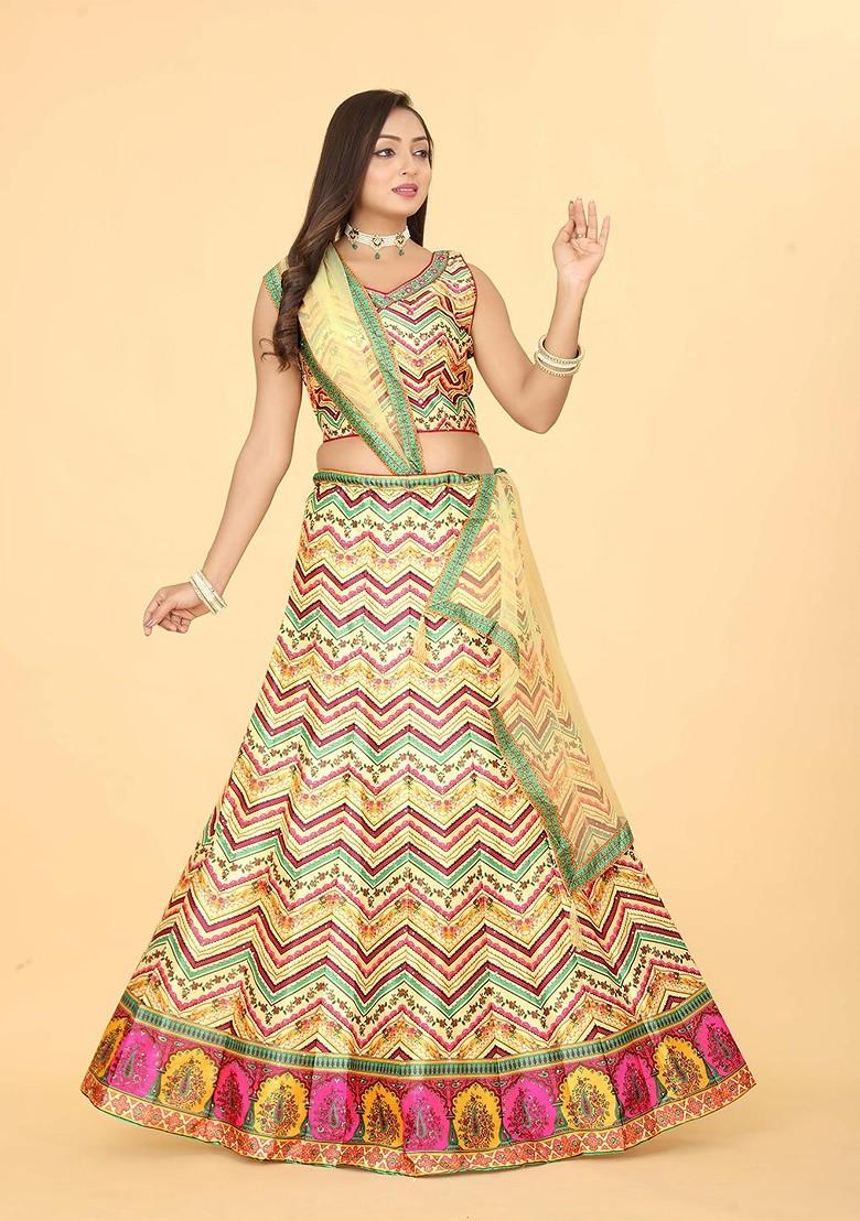Yellow Printed Blended Lehenga Choli