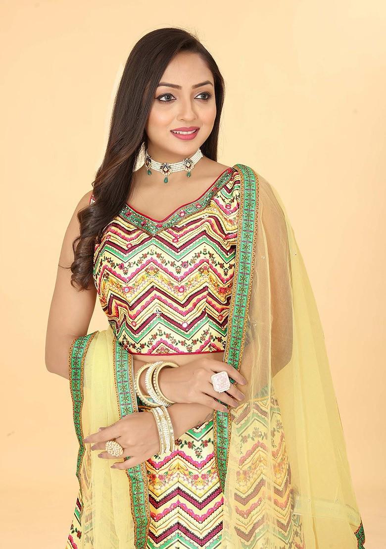 Yellow Printed Blended Lehenga Choli - Indya