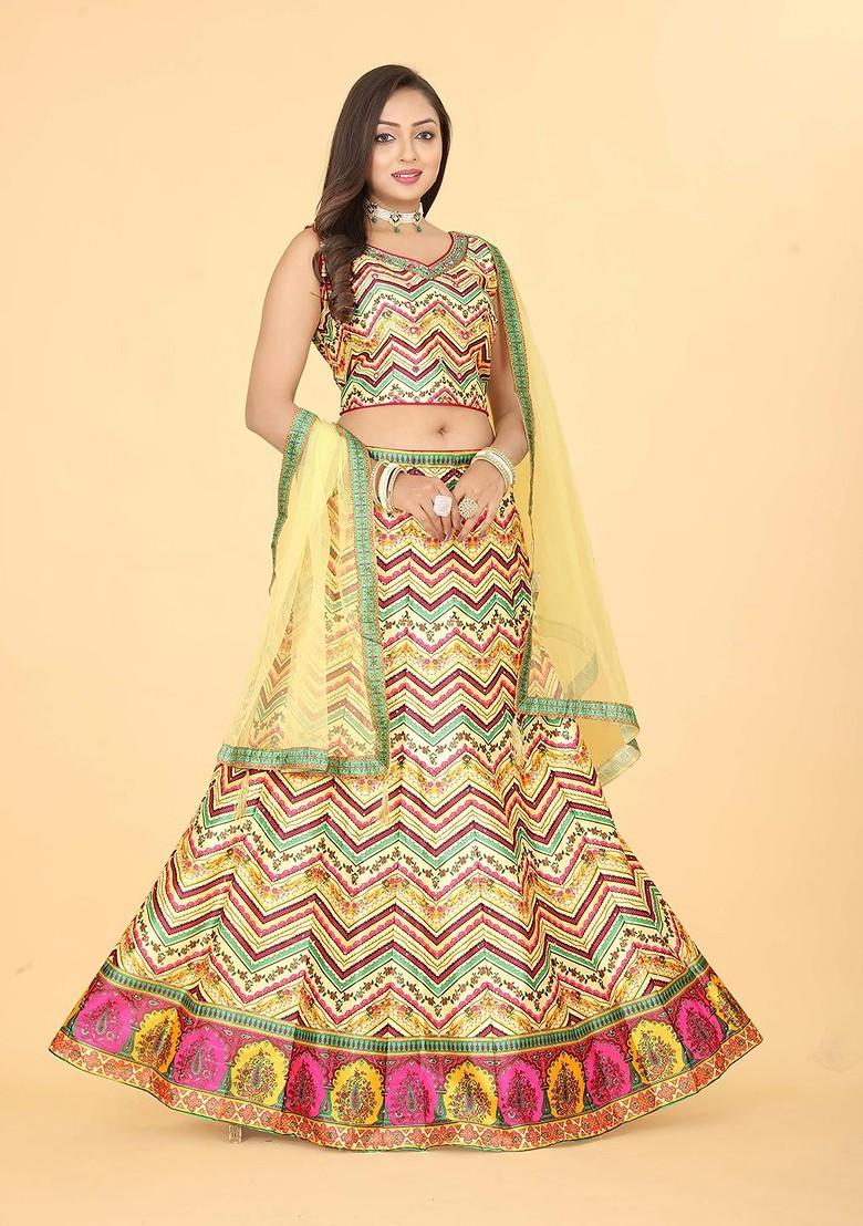 Yellow Printed Blended Lehenga Choli