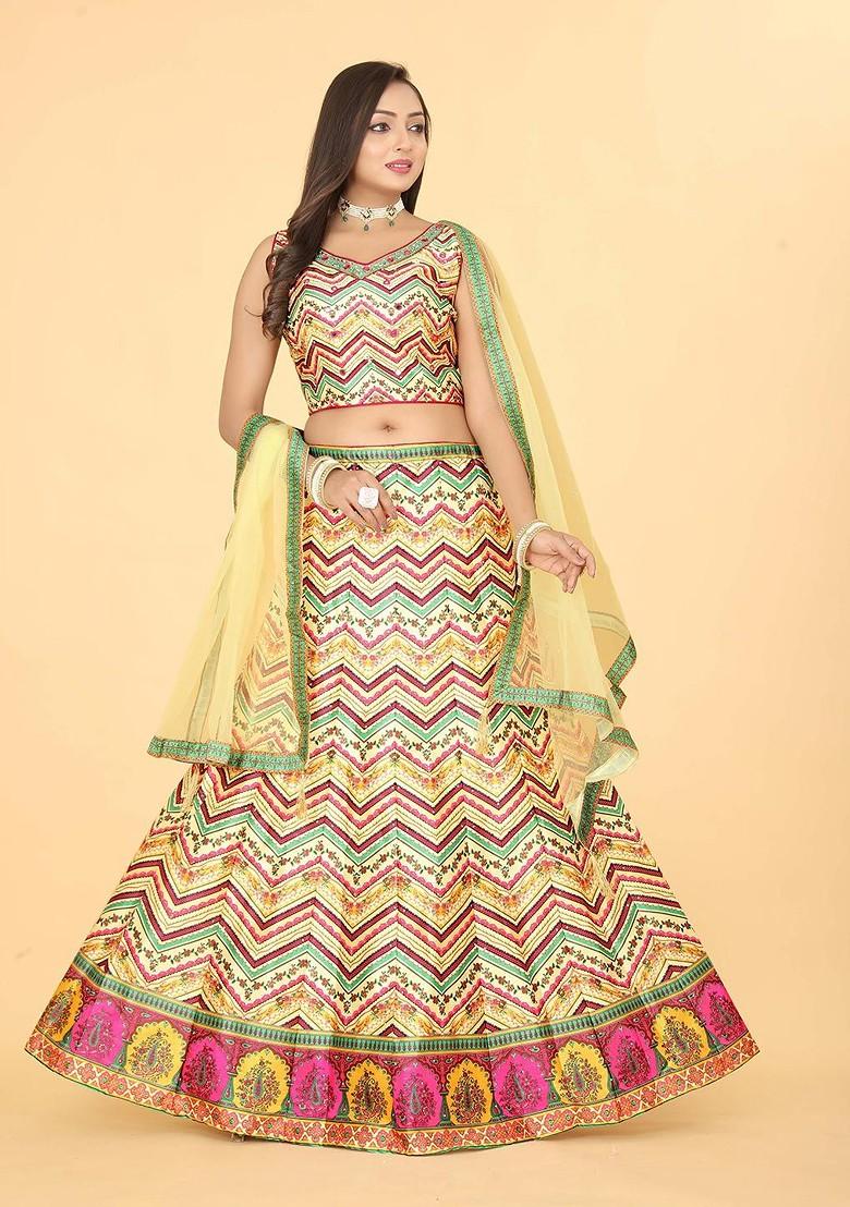 Yellow Printed Blended Lehenga Choli