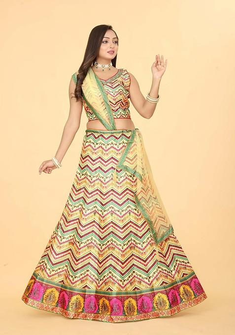 Yellow Printed Blended Lehenga Choli