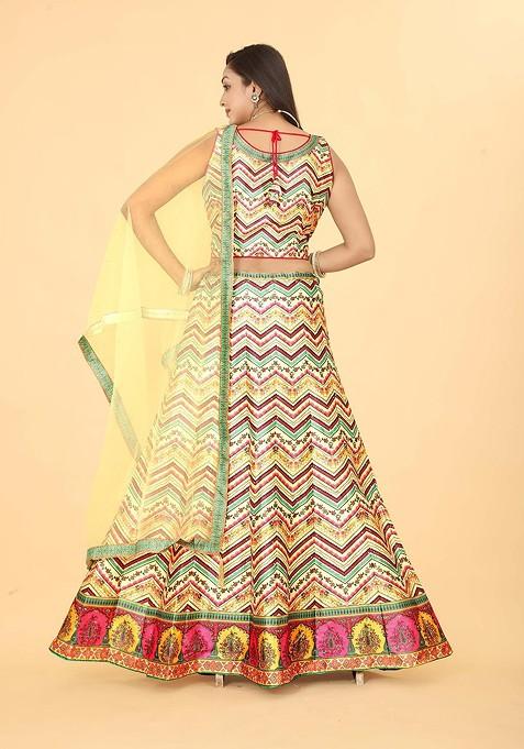 Yellow Printed Blended Lehenga Choli