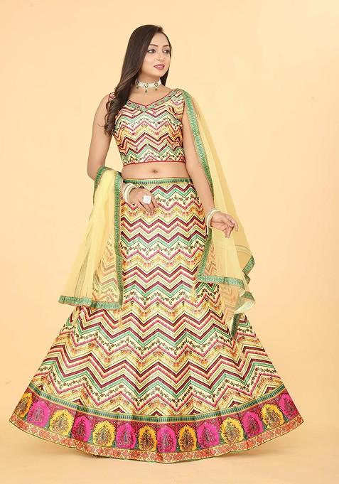 Yellow Printed Blended Lehenga Choli