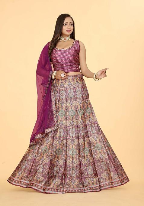 Purple Woven Design Blended Lehenga Choli