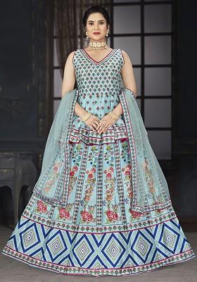Blue Printed Blended Lehenga Choli