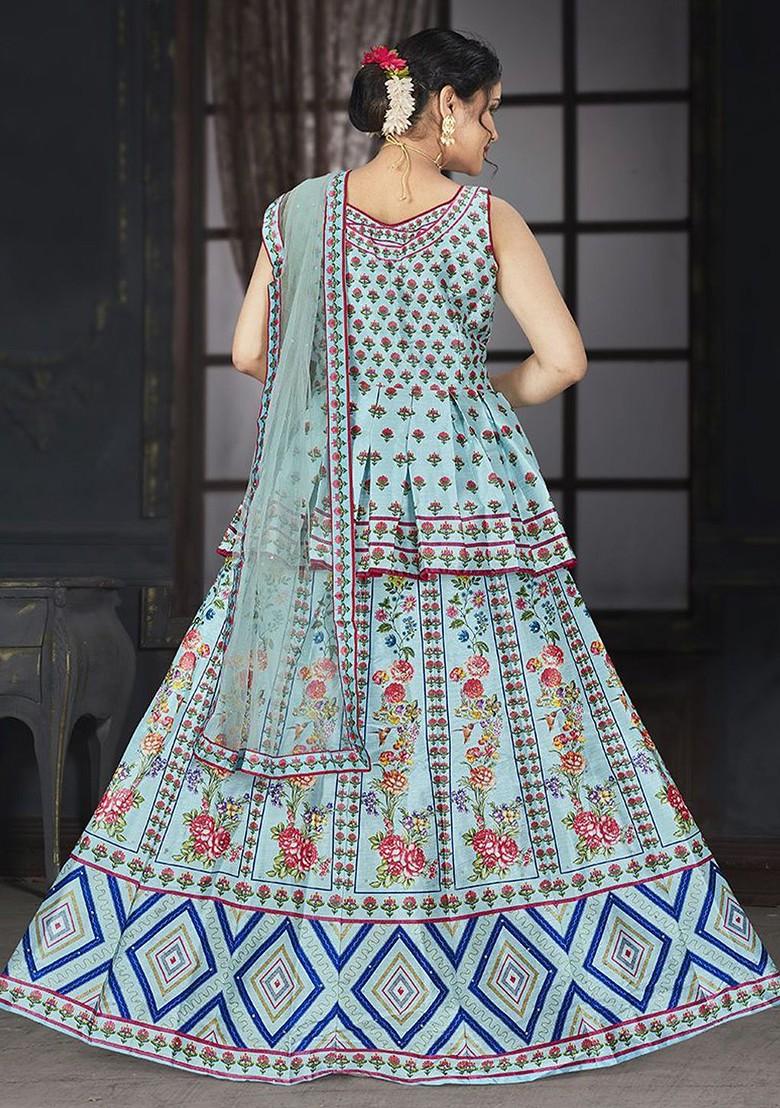 Blue Printed Blended Lehenga Choli - Indya