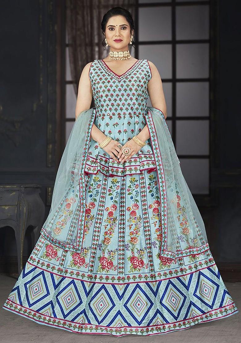 Blue Printed Blended Lehenga Choli - Indya
