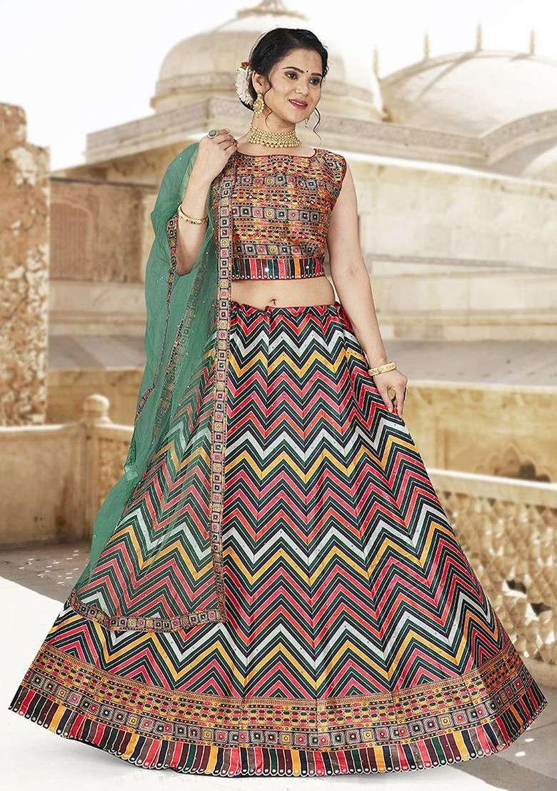 Red Printed Blended Lehenga Choli - Indya