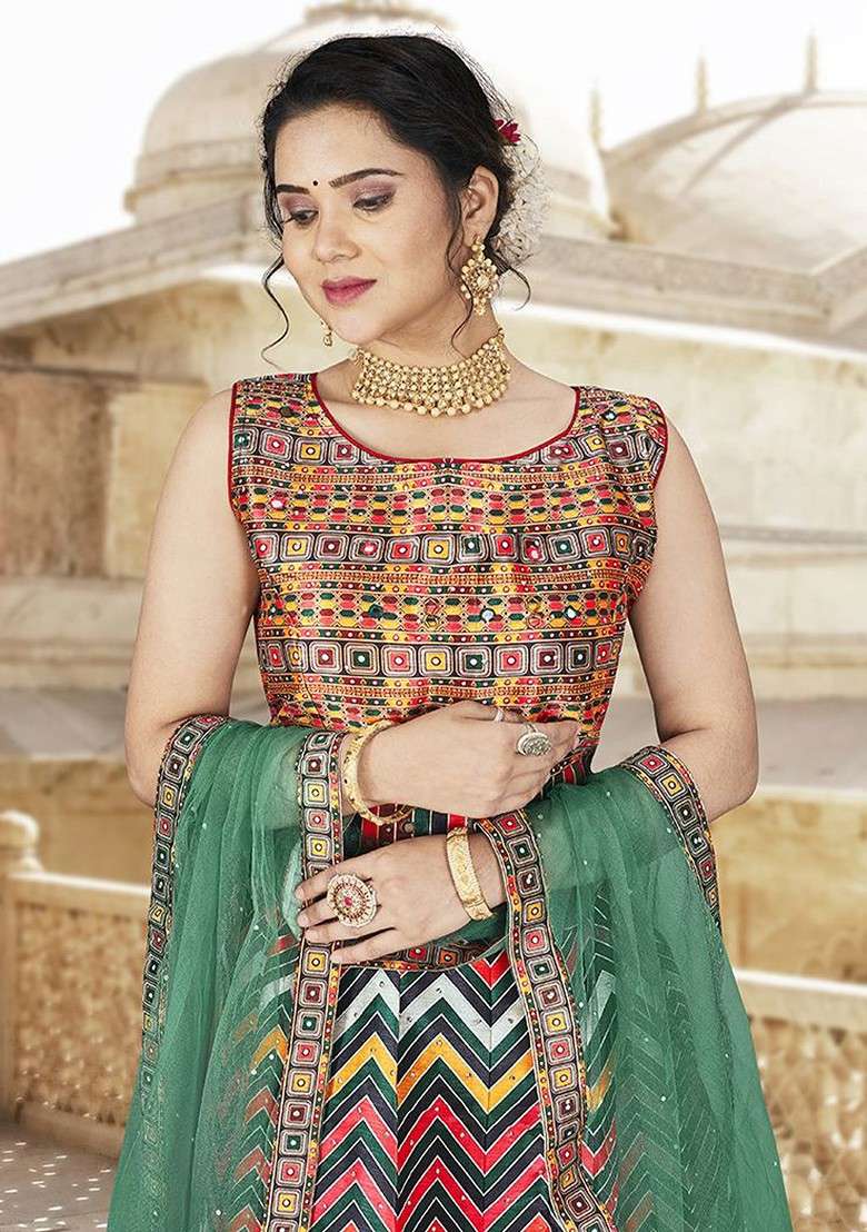 Red Printed Blended Lehenga Choli - Indya