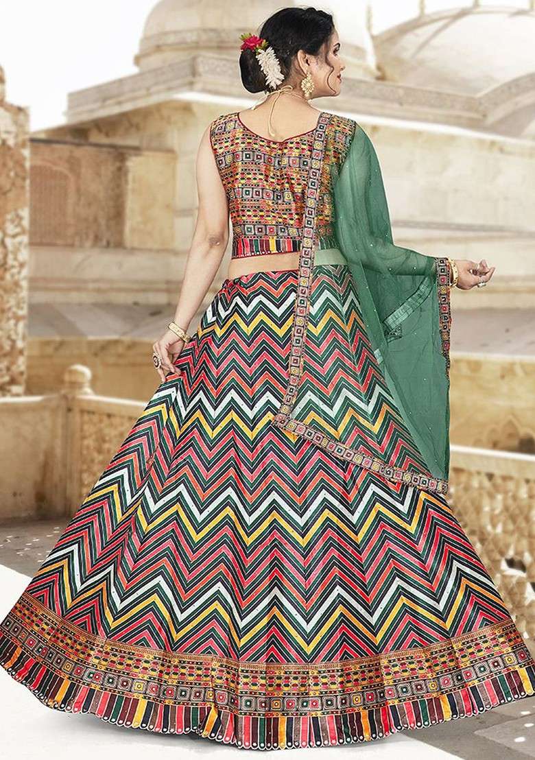Red Printed Blended Lehenga Choli - Indya