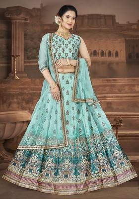 Blue Printed Blended Lehenga Choli