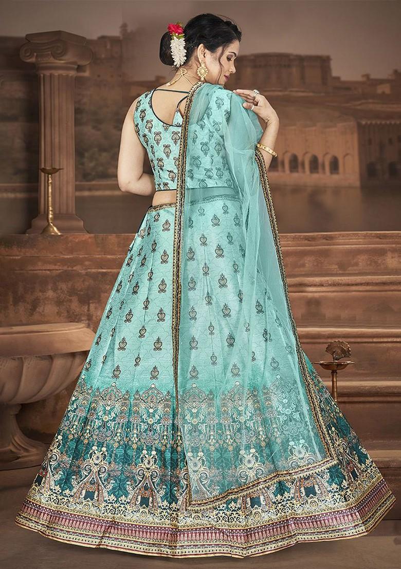 Blue Printed Blended Lehenga Choli - Indya