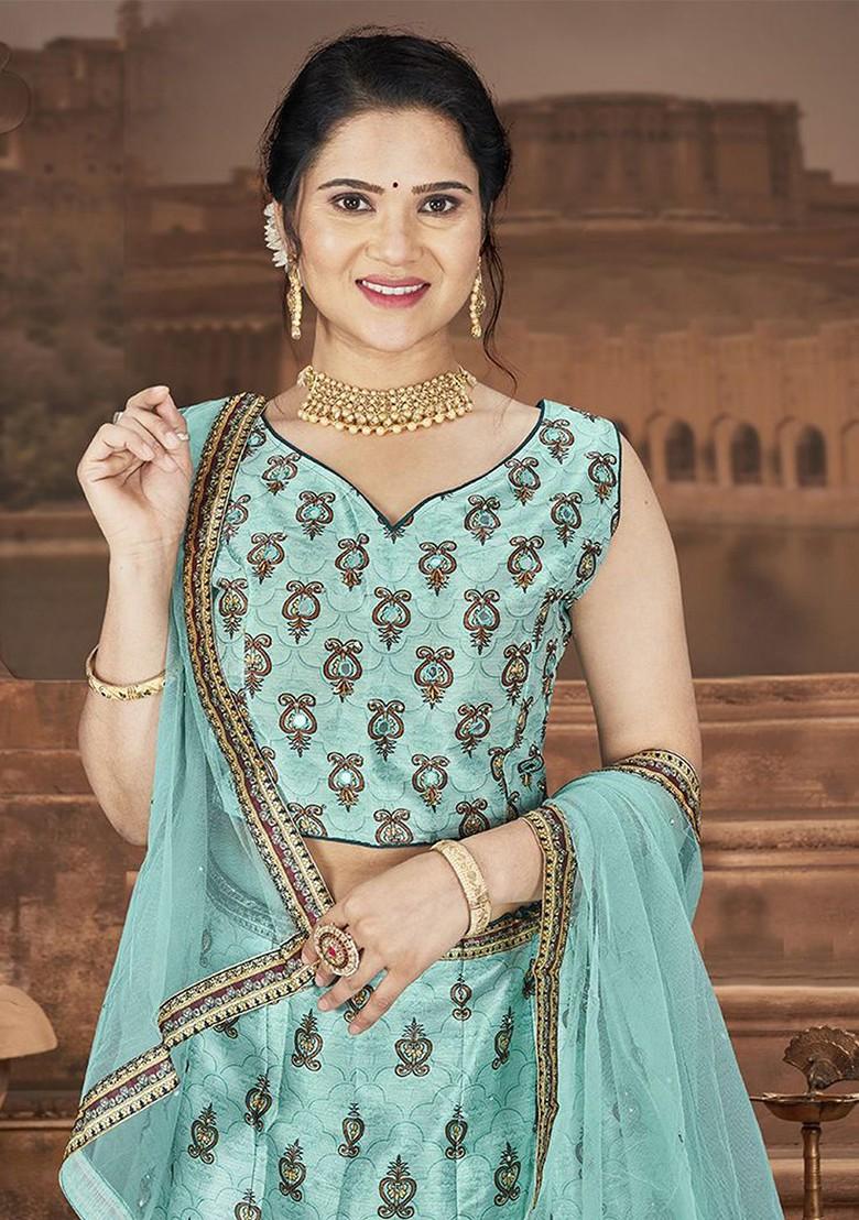 Blue Printed Blended Lehenga Choli - Indya