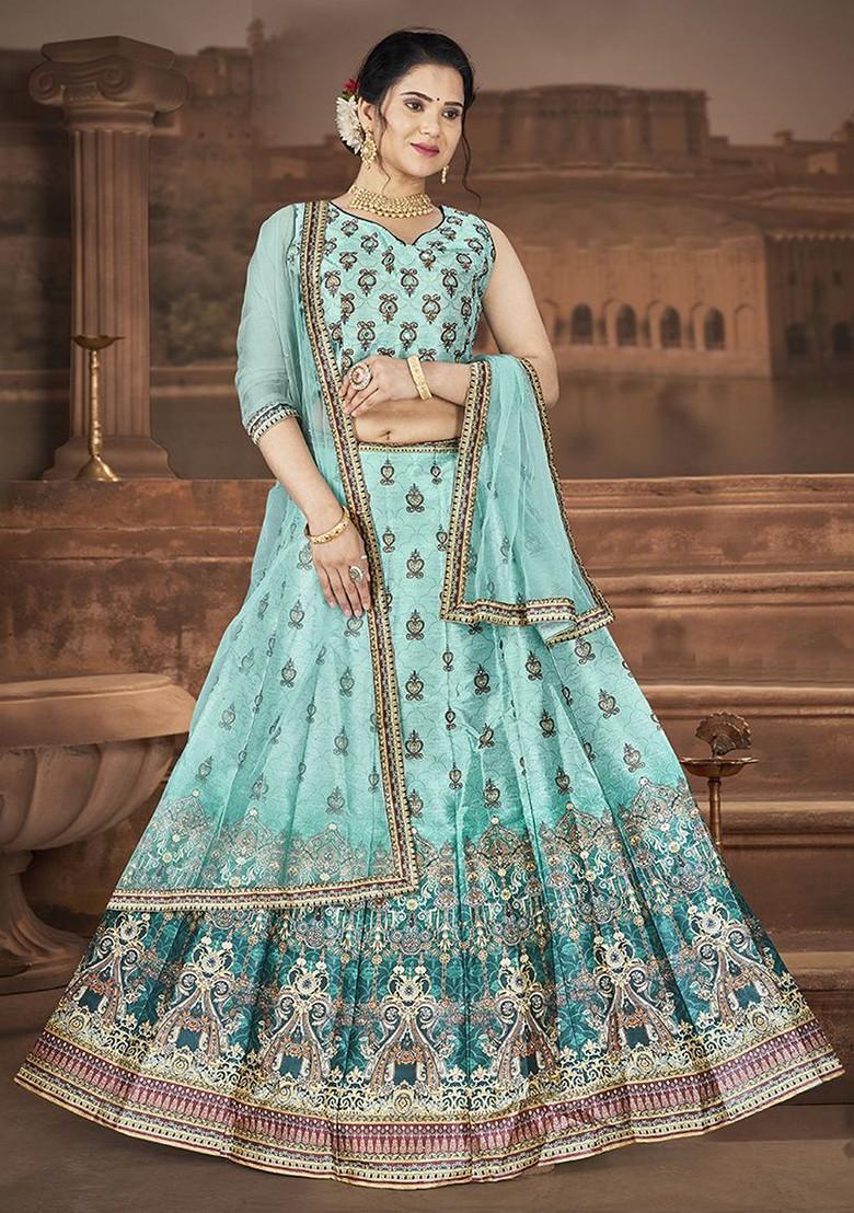 Blue Printed Blended Lehenga Choli