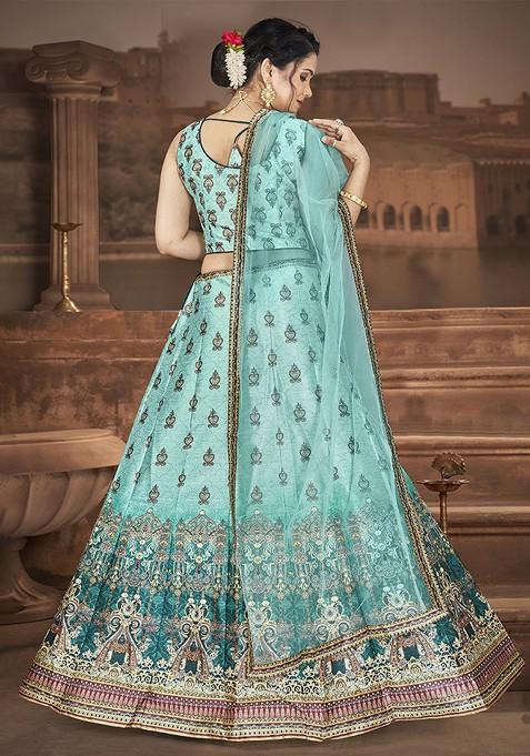 Blue Printed Blended Lehenga Choli