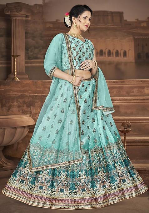 Blue Printed Blended Lehenga Choli