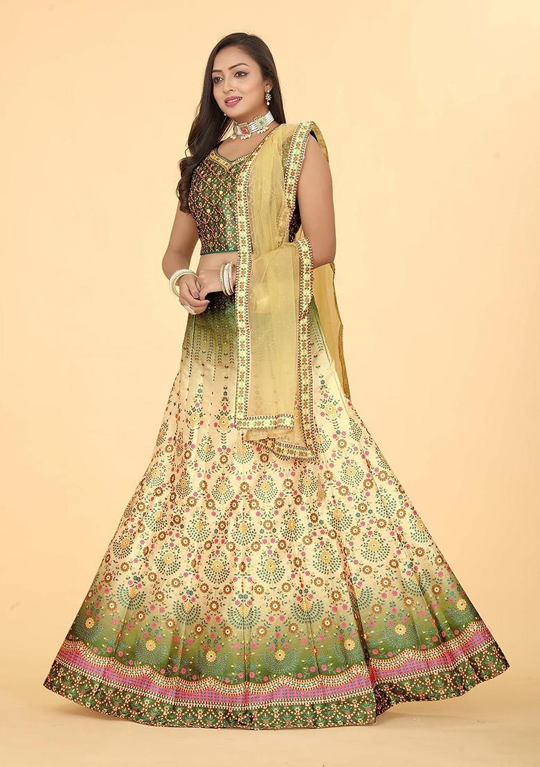 Yellow Printed Blended Lehenga Choli - Indya