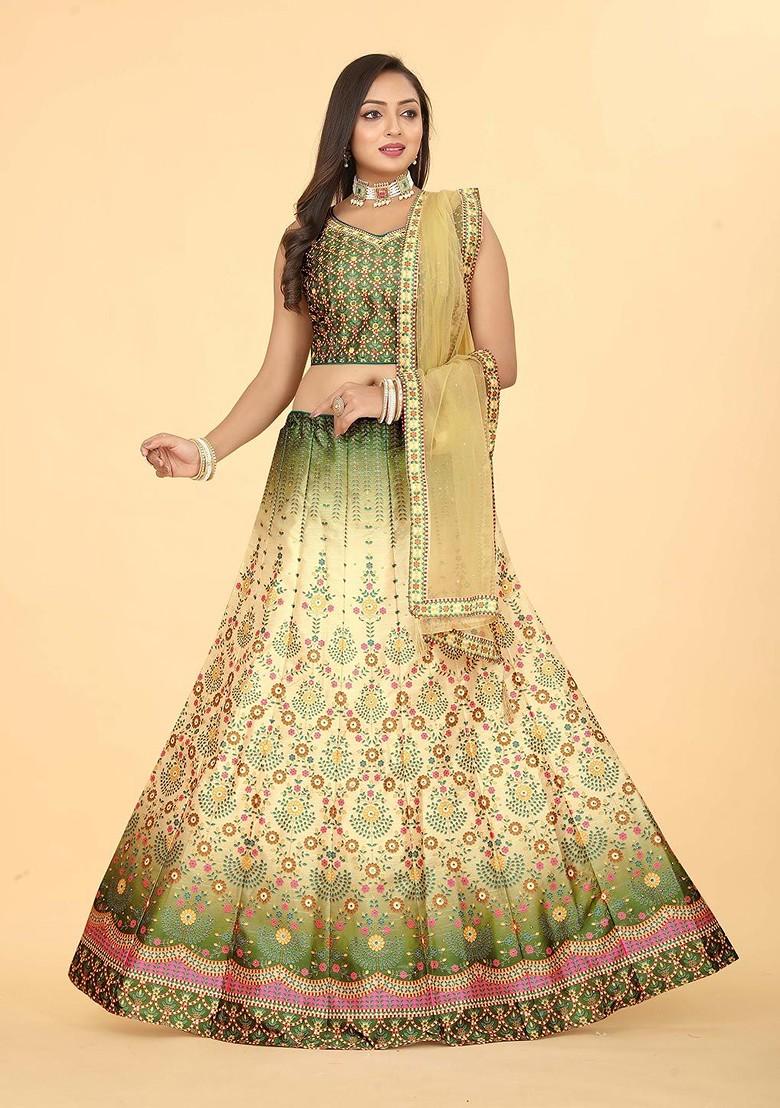 Yellow Printed Blended Lehenga Choli - Indya