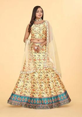 Yellow Printed Blended Lehenga Choli