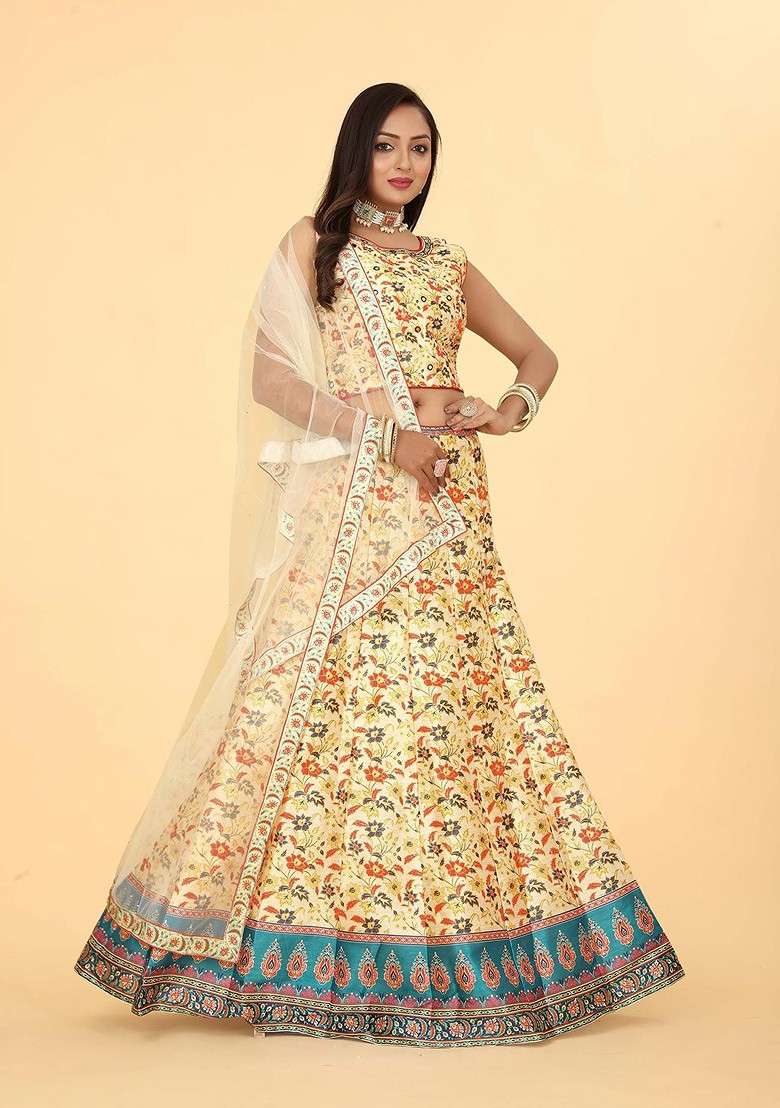 Yellow Printed Blended Lehenga Choli - Indya