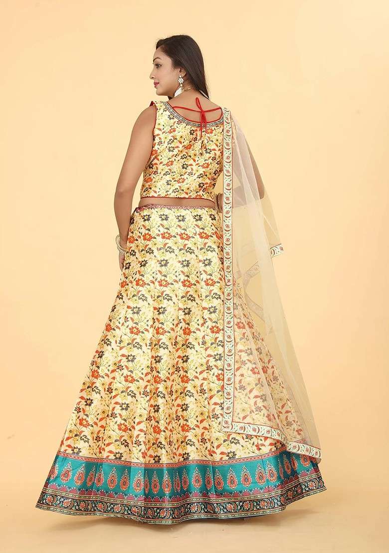 Yellow Printed Blended Lehenga Choli - Indya