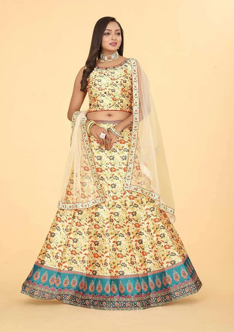 Yellow Printed Blended Lehenga Choli - Indya