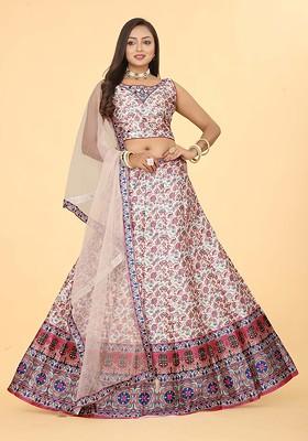 Pink Printed Blended Lehenga Choli