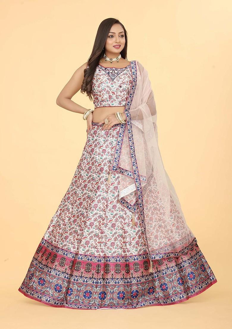 Pink Printed Blended Lehenga Choli - Indya