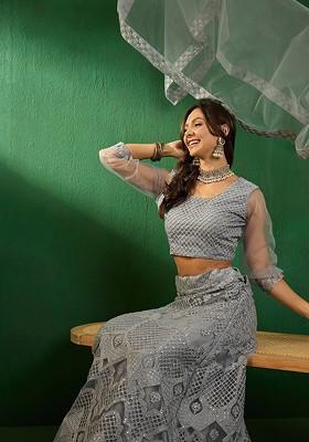 Grey Emboridered Blended Lehenga Choli
