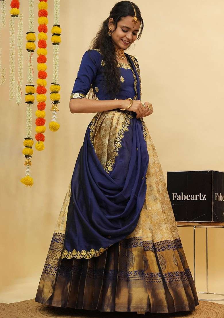 Navy Blue Emboridered Blended Lehenga Choli - Indya