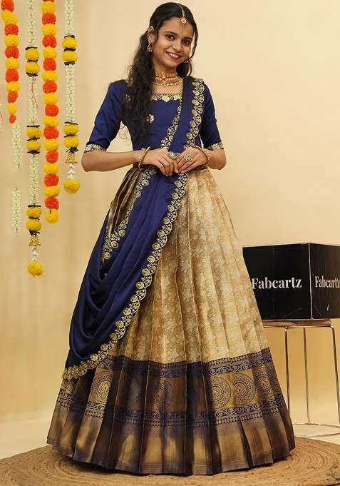 Navy Blue Emboridered Blended Lehenga Choli