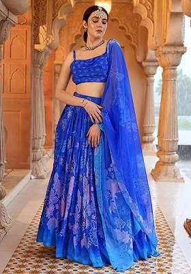 Blue Printed Blended Lehenga Choli
