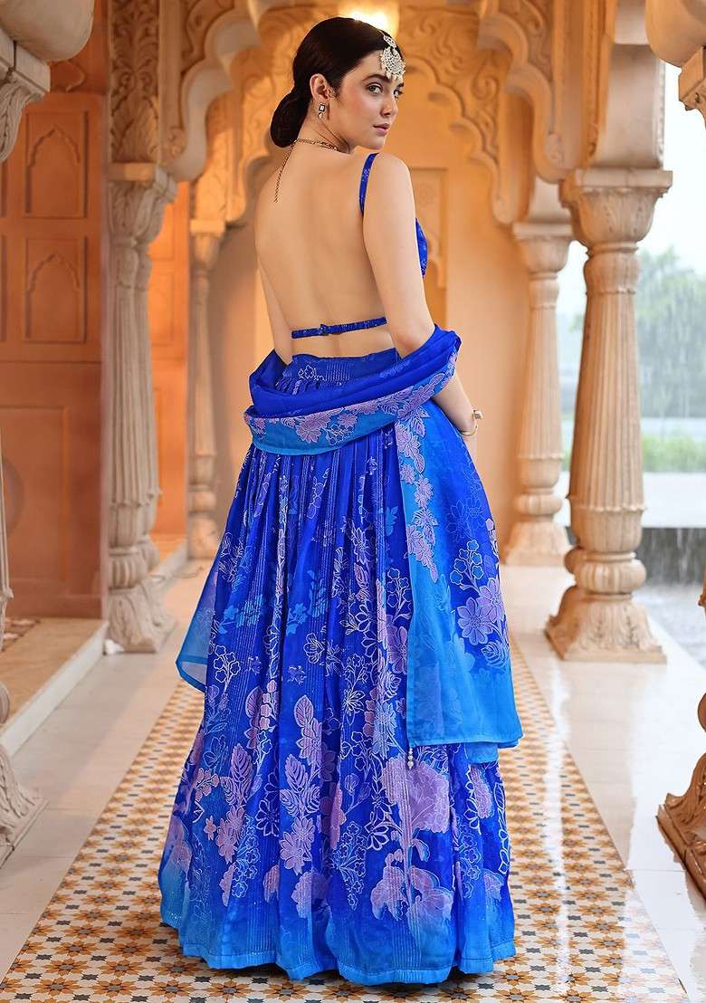 Blue Printed Blended Lehenga Choli - Indya