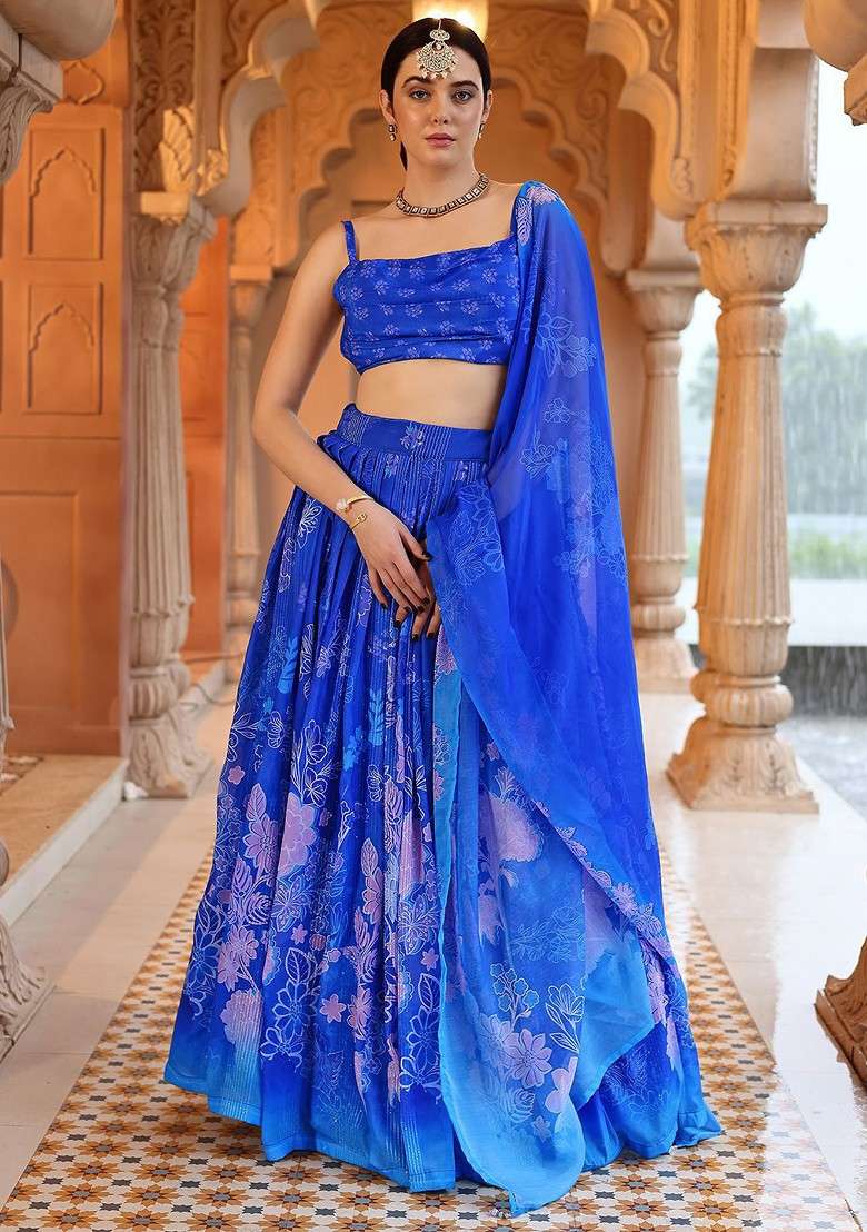 Blue Printed Blended Lehenga Choli - Indya