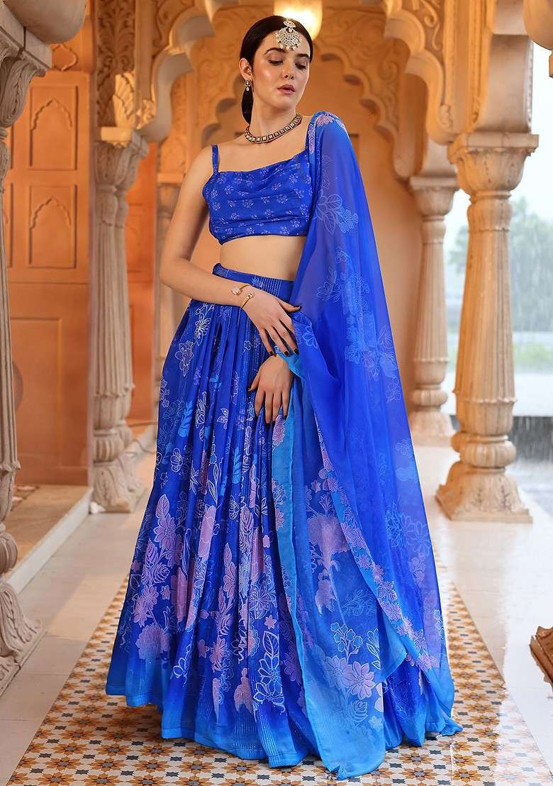Blue Printed Blended Lehenga Choli - Indya
