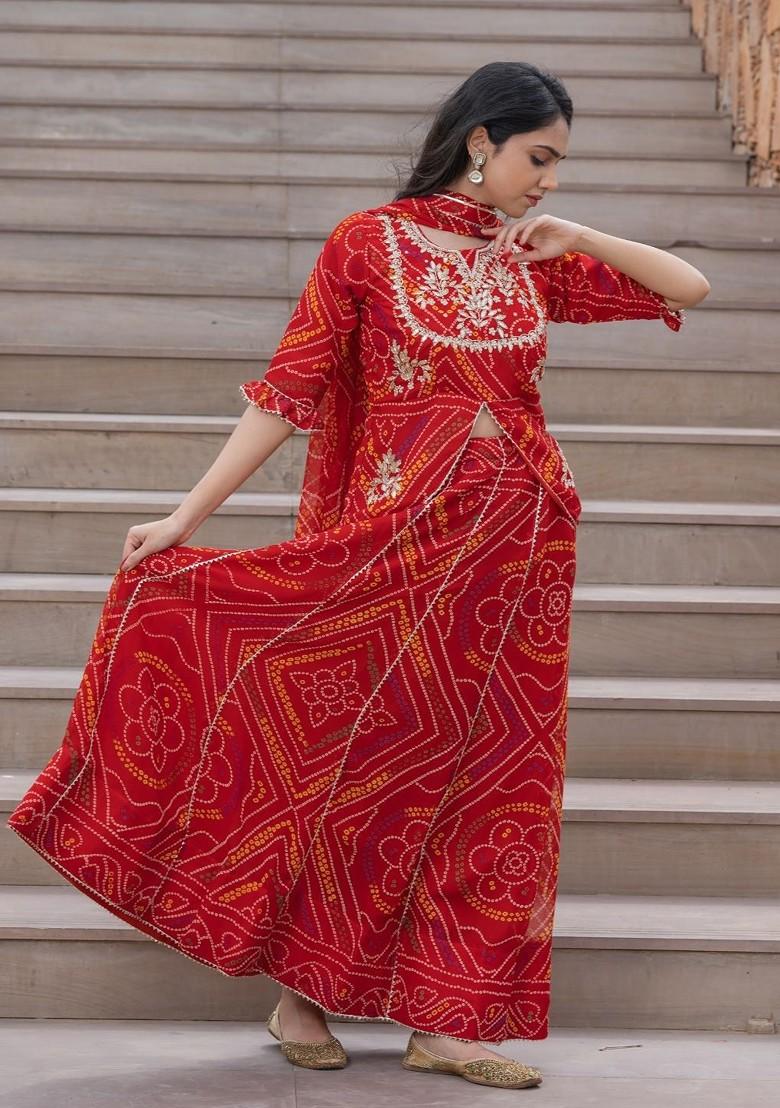 Red Emboridered Blended Lehenga Choli - Indya