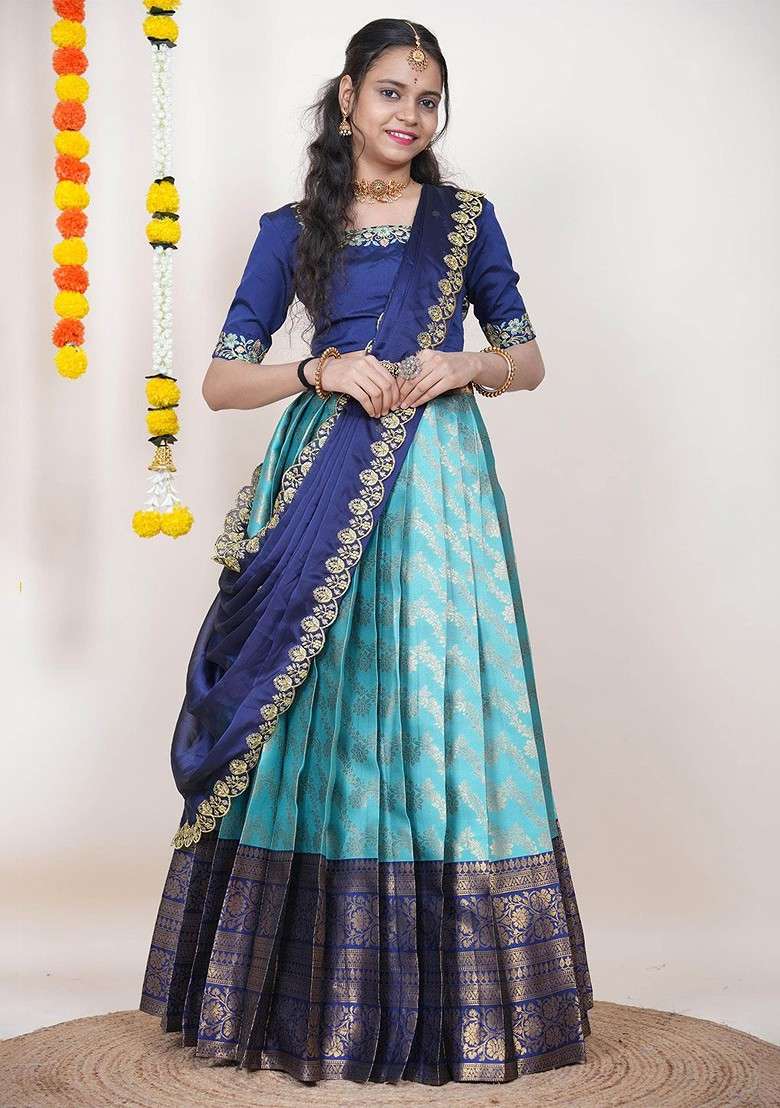 Sea Green Woven Design Blended Lehenga Choli - Indya
