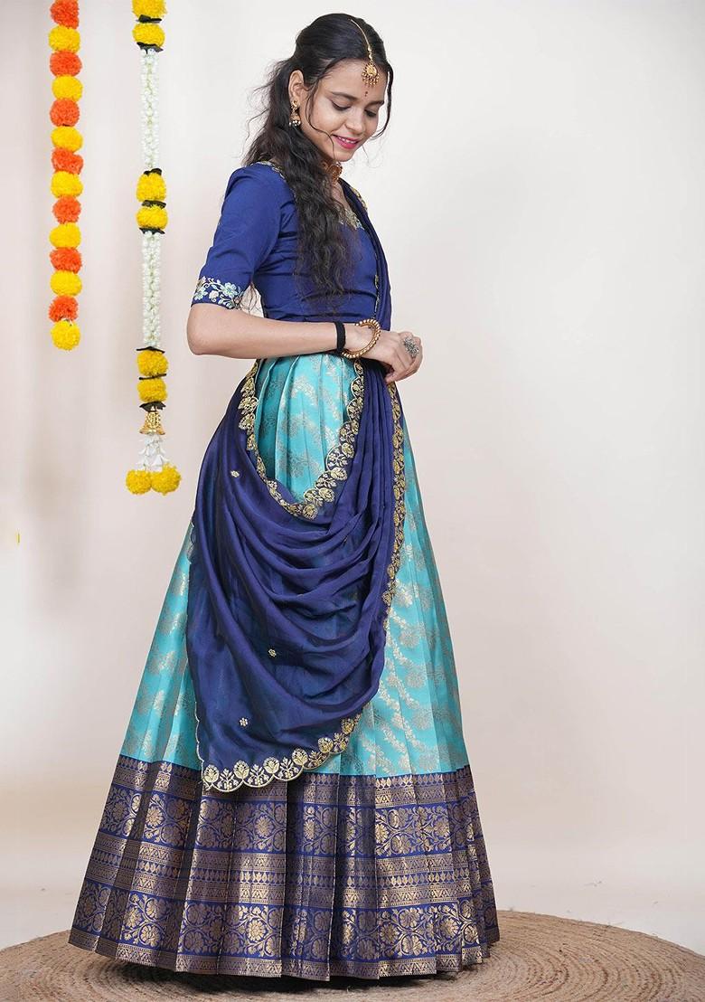 Sea Green Woven Design Blended Lehenga Choli - Indya