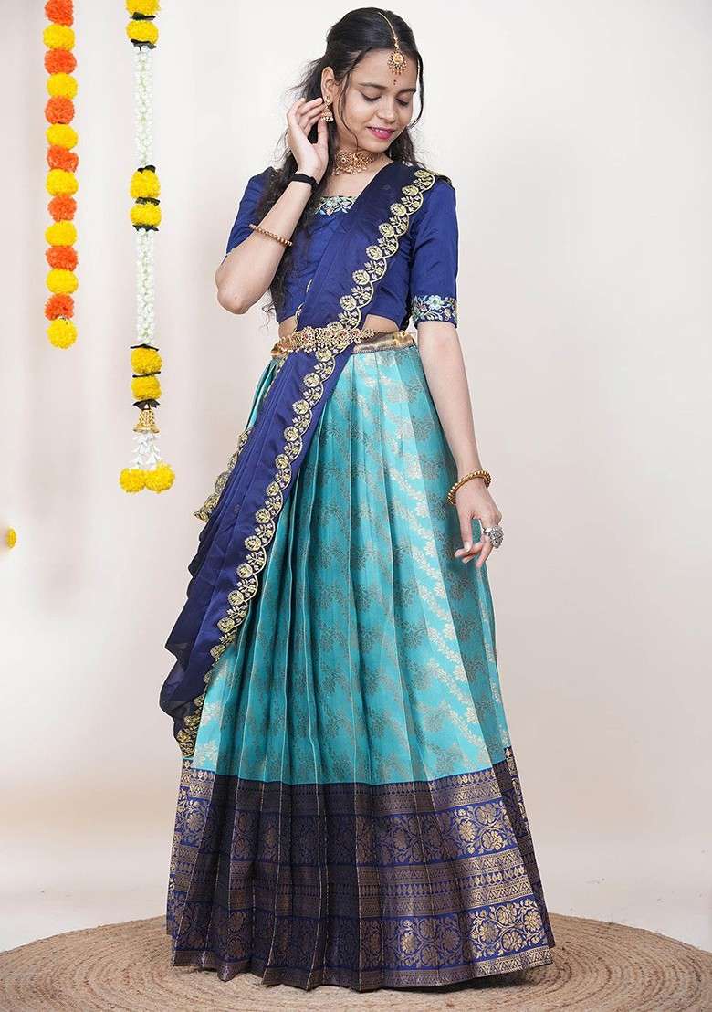 Sea Green Woven Design Blended Lehenga Choli - Indya
