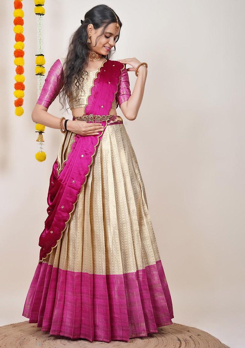 Pink Woven Design Blended Lehenga Choli - Indya