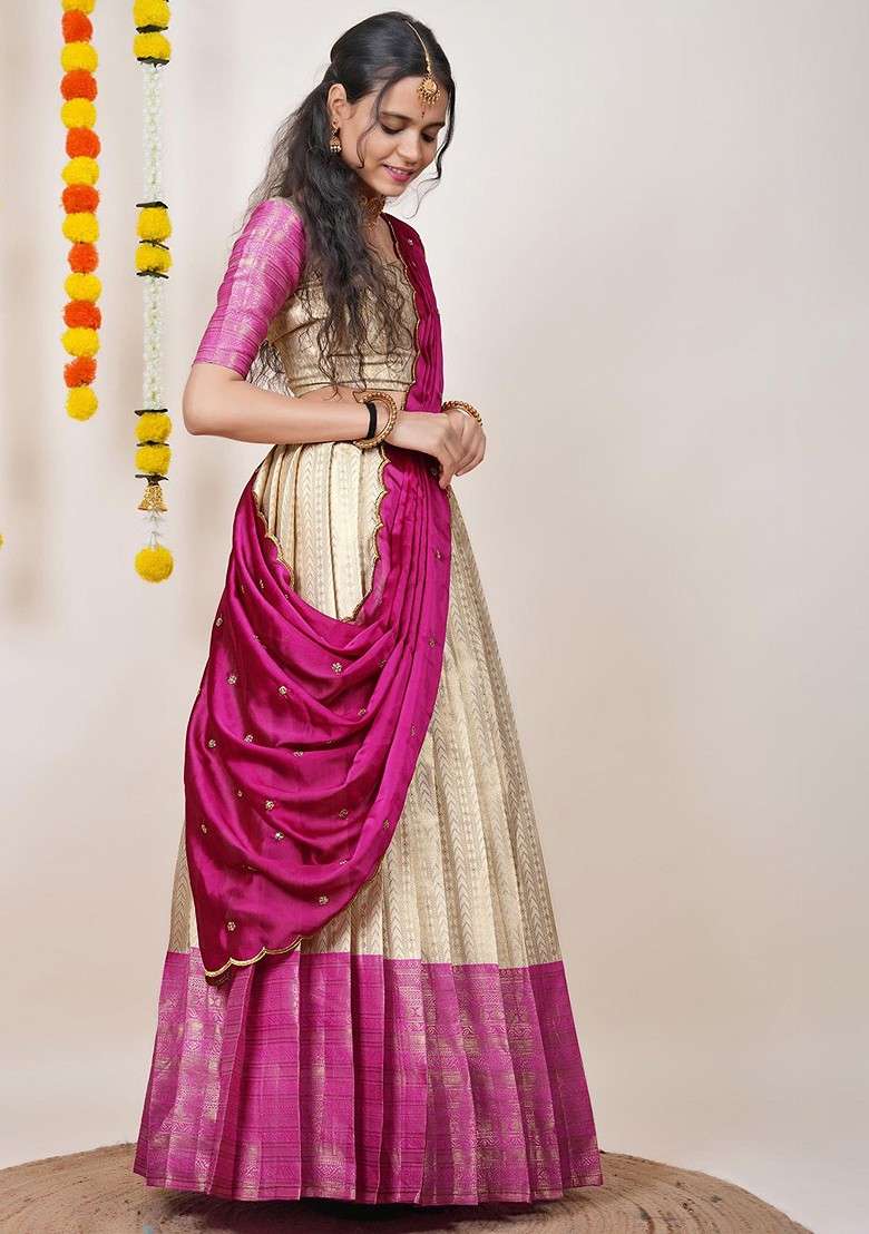 Pink Woven Design Blended Lehenga Choli - Indya